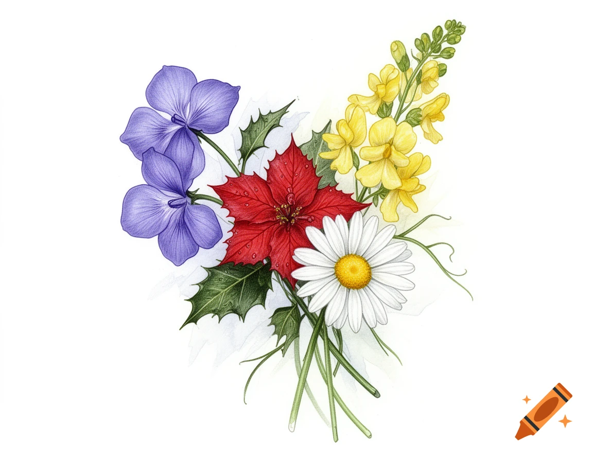 A hand-drawn illustration of a bouquet with a blue violet, red holly flower, white daisy, and yellow larkspur flowers.