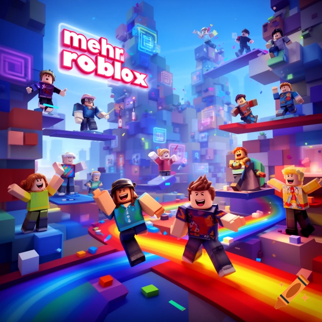 Stylized Roblox-like characters play in a vibrant, blocky world with a rainbow path, under a sign reading 'mehr roblox'.