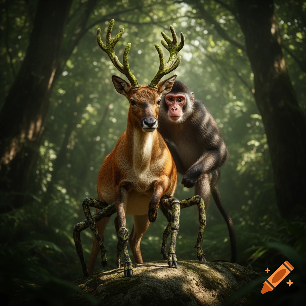A photorealistic image of a deer with spider legs and mossy antlers standing next to a monkey in a lush forest.