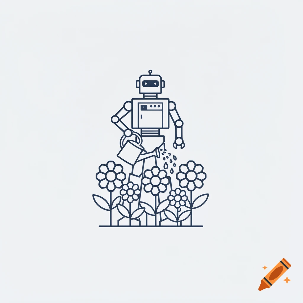A single color vector illustration of a robot watering flowers.