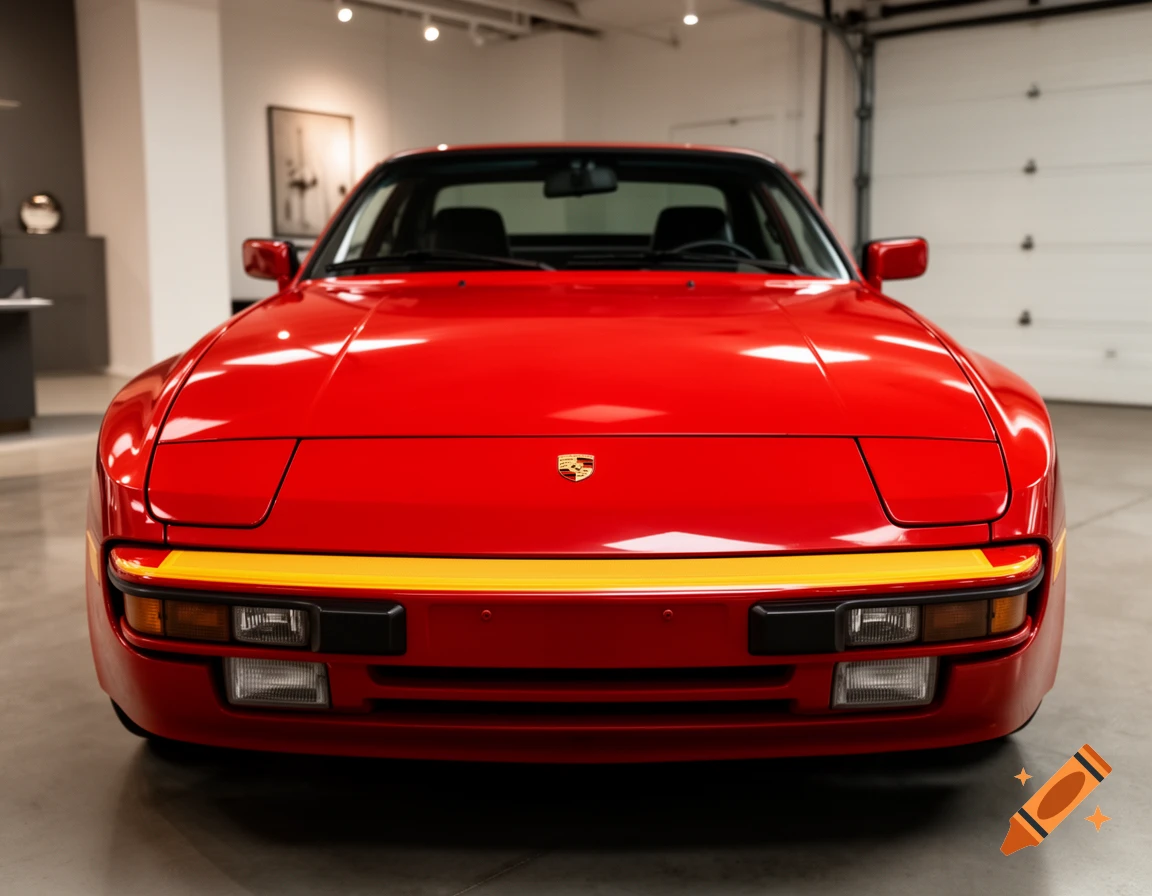 Front view of a shiny red 1984 Porsche 944 with a yellow stripe, parked indoors.