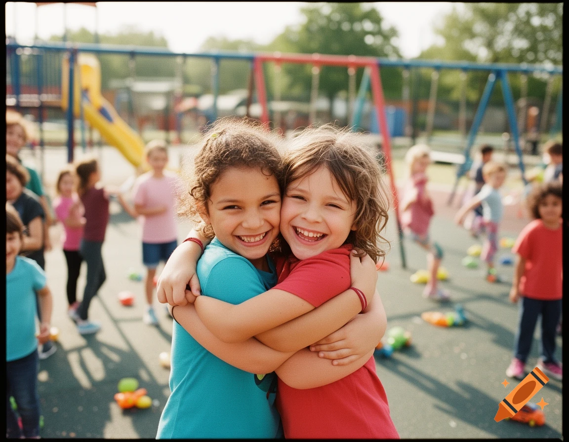 Two smiling girls hug in the foreground as other children play on a sunny playground.