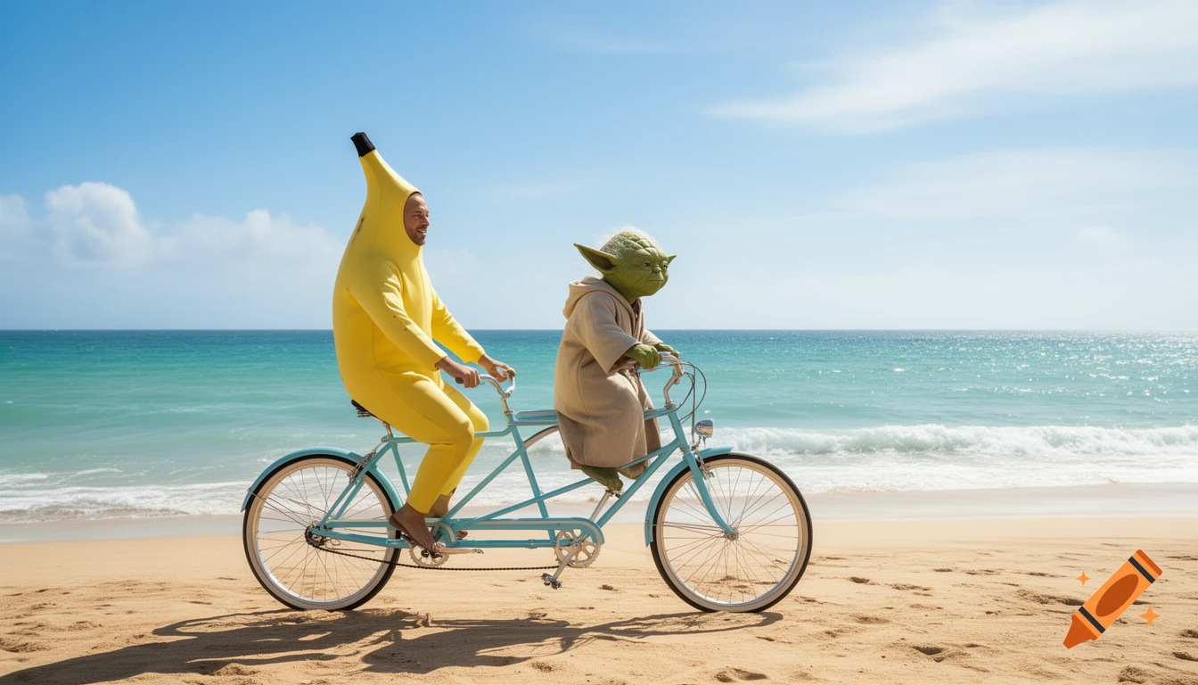 A man in a yellow banana suit and Yoda ride a light blue tandem bicycle on a sandy beach next to the ocean under a clear sky.