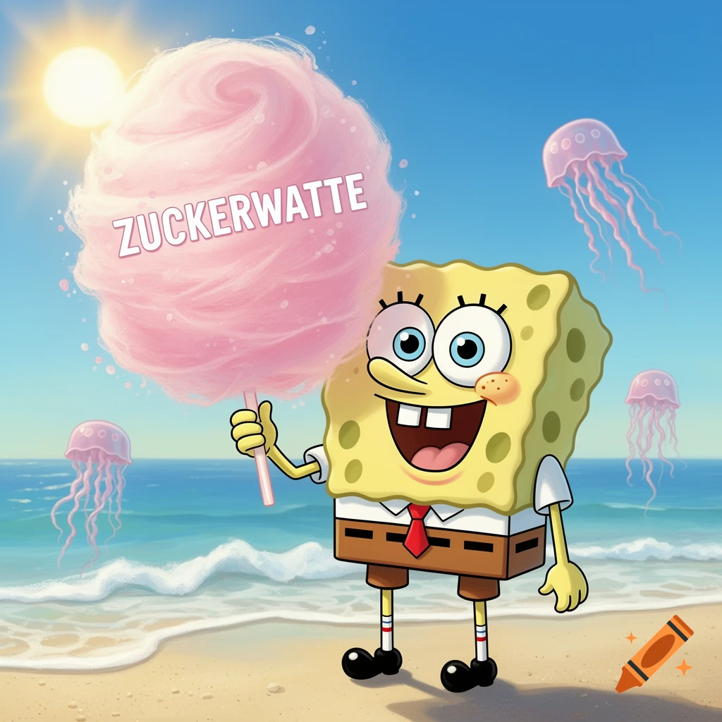 Spongebob Squarepants on a sunny beach, happily holding pink cotton candy labeled 'ZUCKERWATTE', with jellyfish in the sky. Cartoon style.