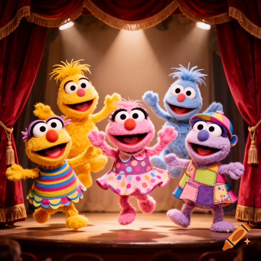 Five colorful, fuzzy puppet-like characters with wide smiles and big eyes jump excitedly on a spotlighted stage with red curtains.