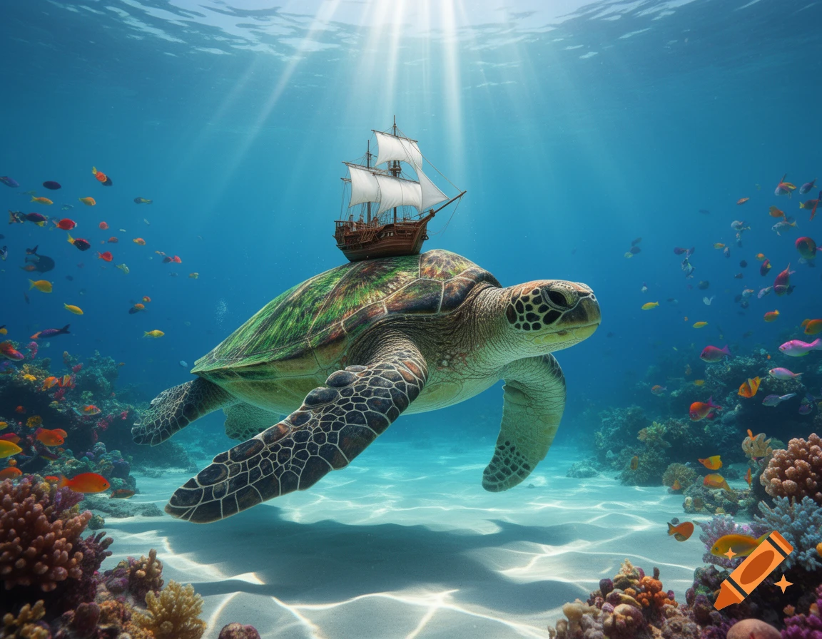 A large sea turtle swims underwater with a miniature sailing ship on its back, surrounded by colorful coral and fish.