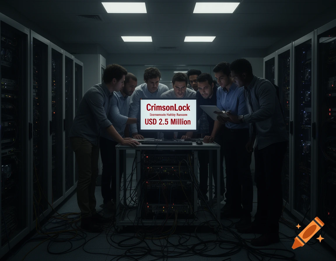 A group of diverse men in a dark server room look intently at a computer screen displaying a "CrimsonLock" ransom note demanding "USD 2.5 Million".