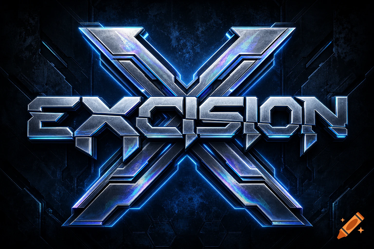 Excision logo with metallic, angular lettering outlined in glowing neon blue, set against a dark, textured background.