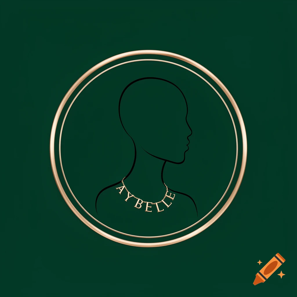 A minimalist graphic of a woman's silhouette wearing an 'AYBELLE' necklace, framed by a gold circle on an emerald background.
