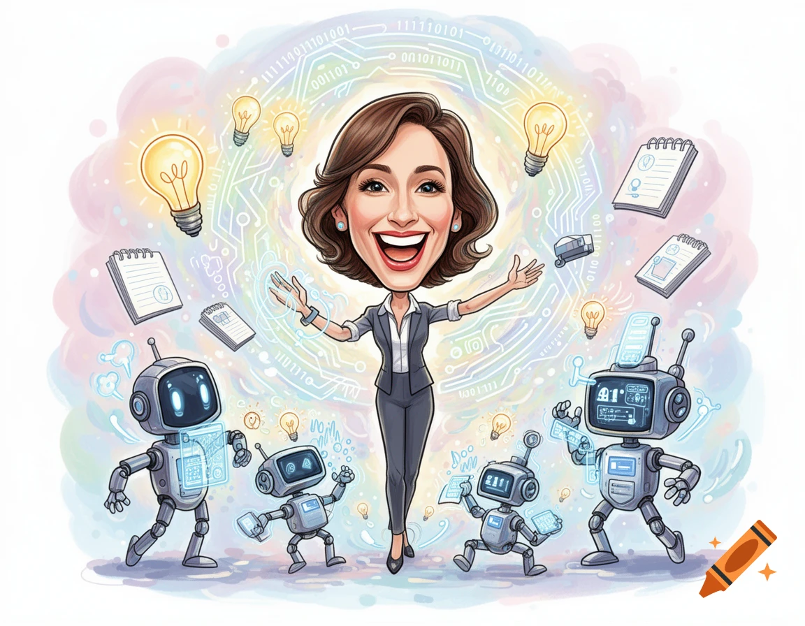 A cartoon caricature of a smiling woman in a suit, surrounded by lightbulbs, notebooks, and cute robots against a circuit board-like background.