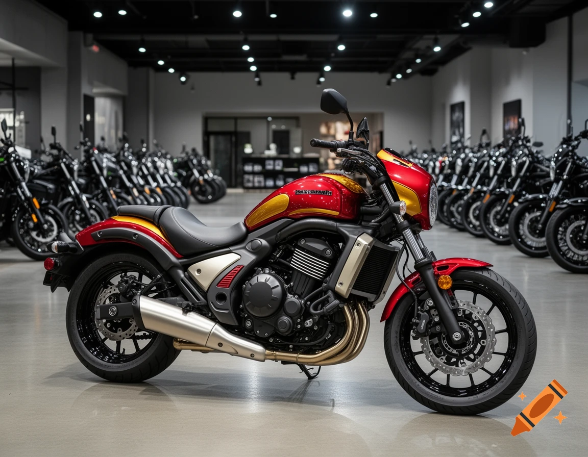 A photorealistic red and gold motorcycle with a silver exhaust pipe in a showroom with rows of other bikes in the background.