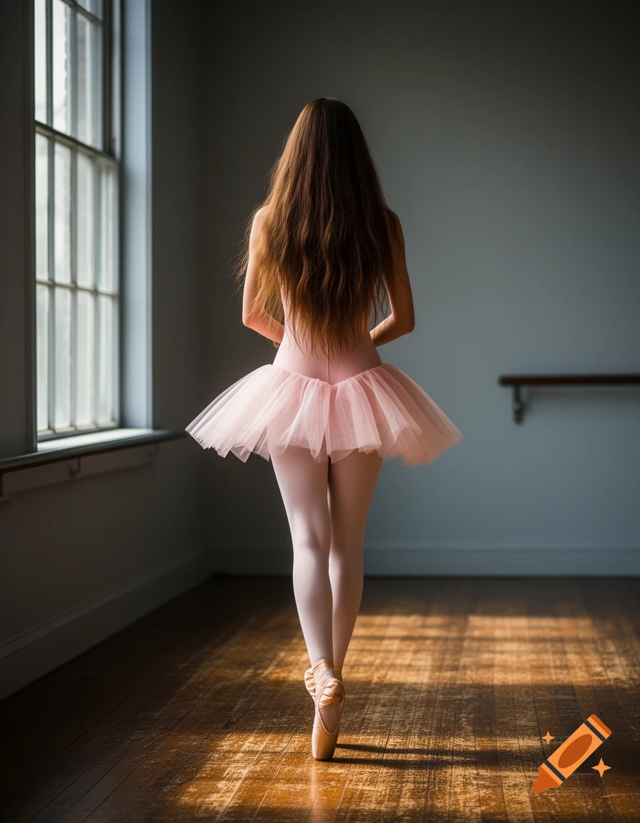Female ballerina with long brown hair, seen from behind, standing en pointe in a moody ballet studio with window light.