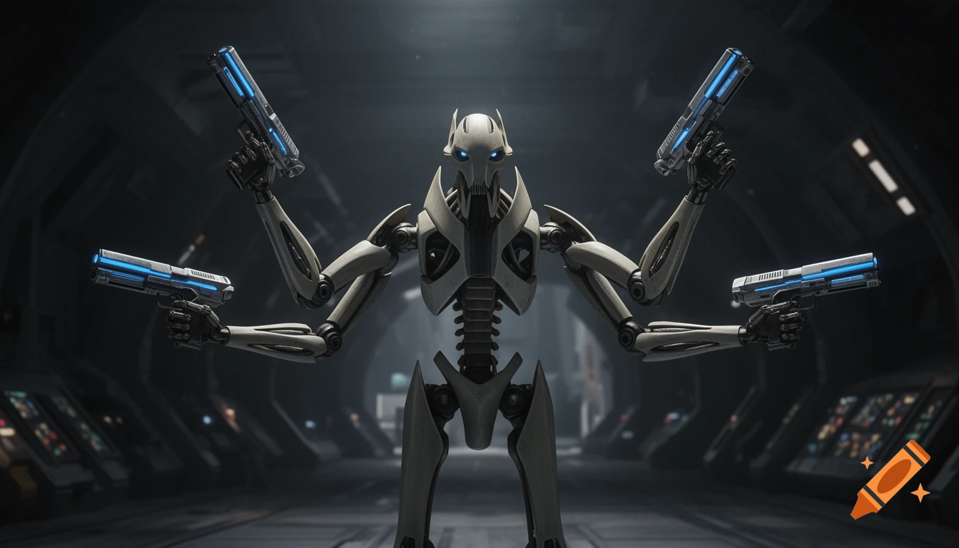 Photorealistic General Grievous from Star Wars, a white and gray robot with glowing blue eyes, holding four futuristic pistols in a dark spaceship interior.