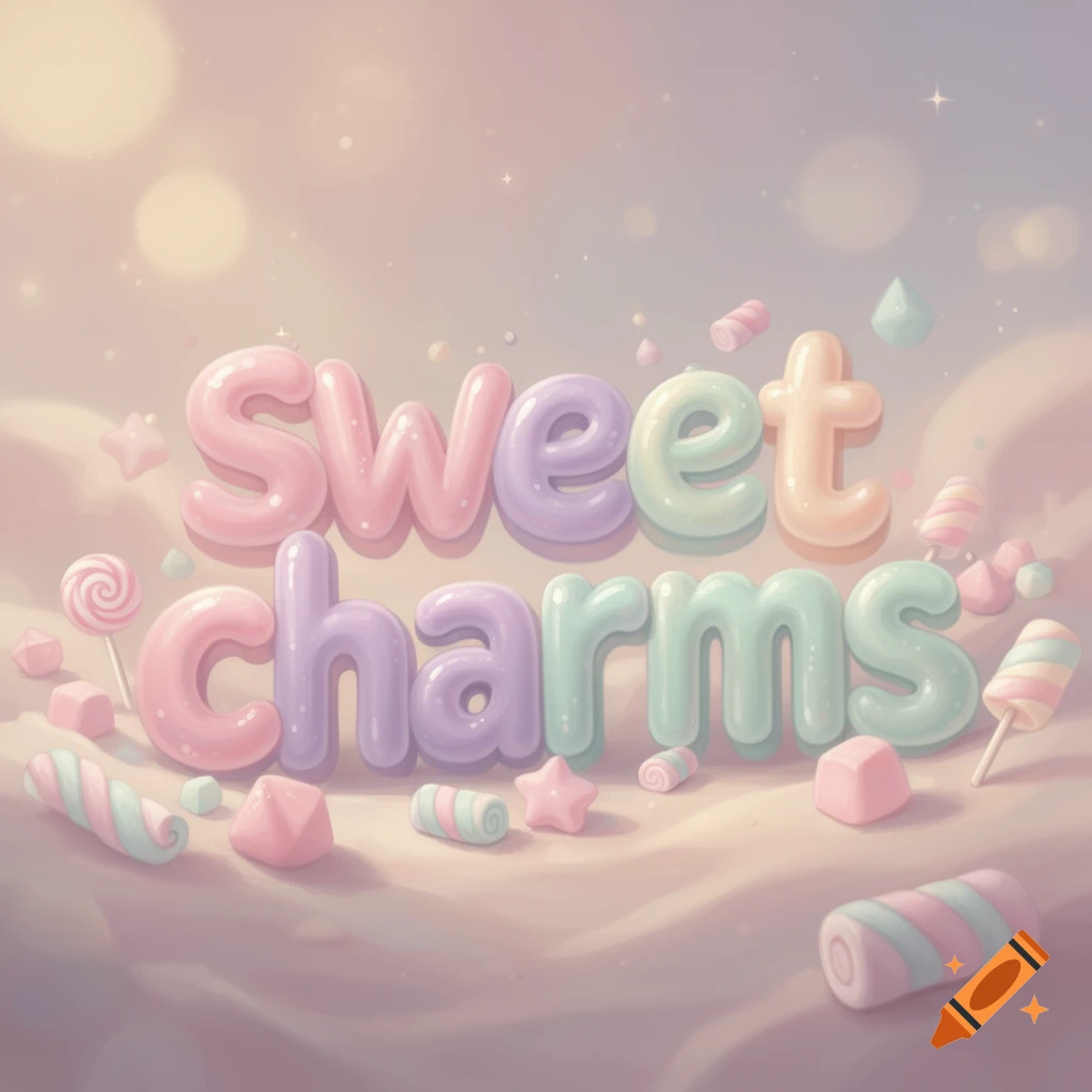 Pastel bubbly text spelling 'Sweet charms' surrounded by various pastel candies on a soft, dreamy background.