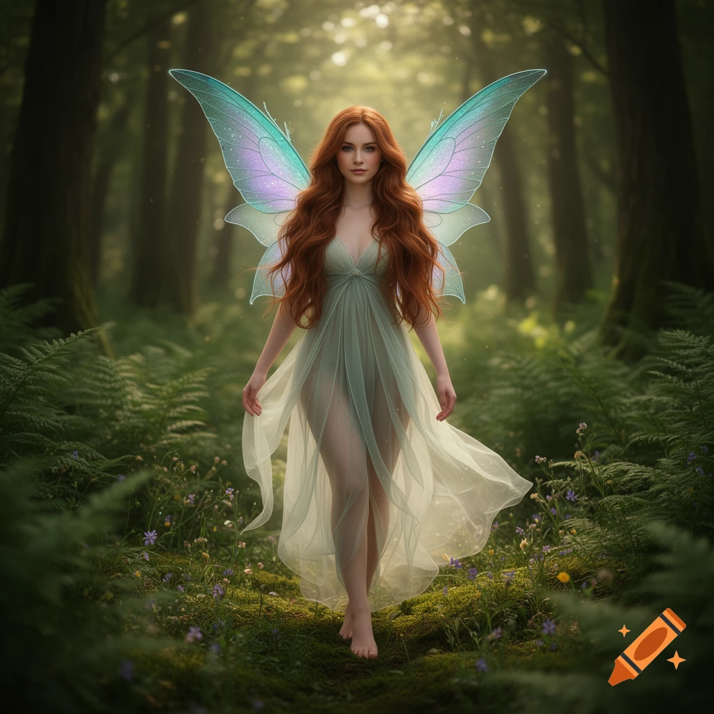 A long-haired fairy with shimmering wings walks barefoot through a magical forest, light filtering through the trees.