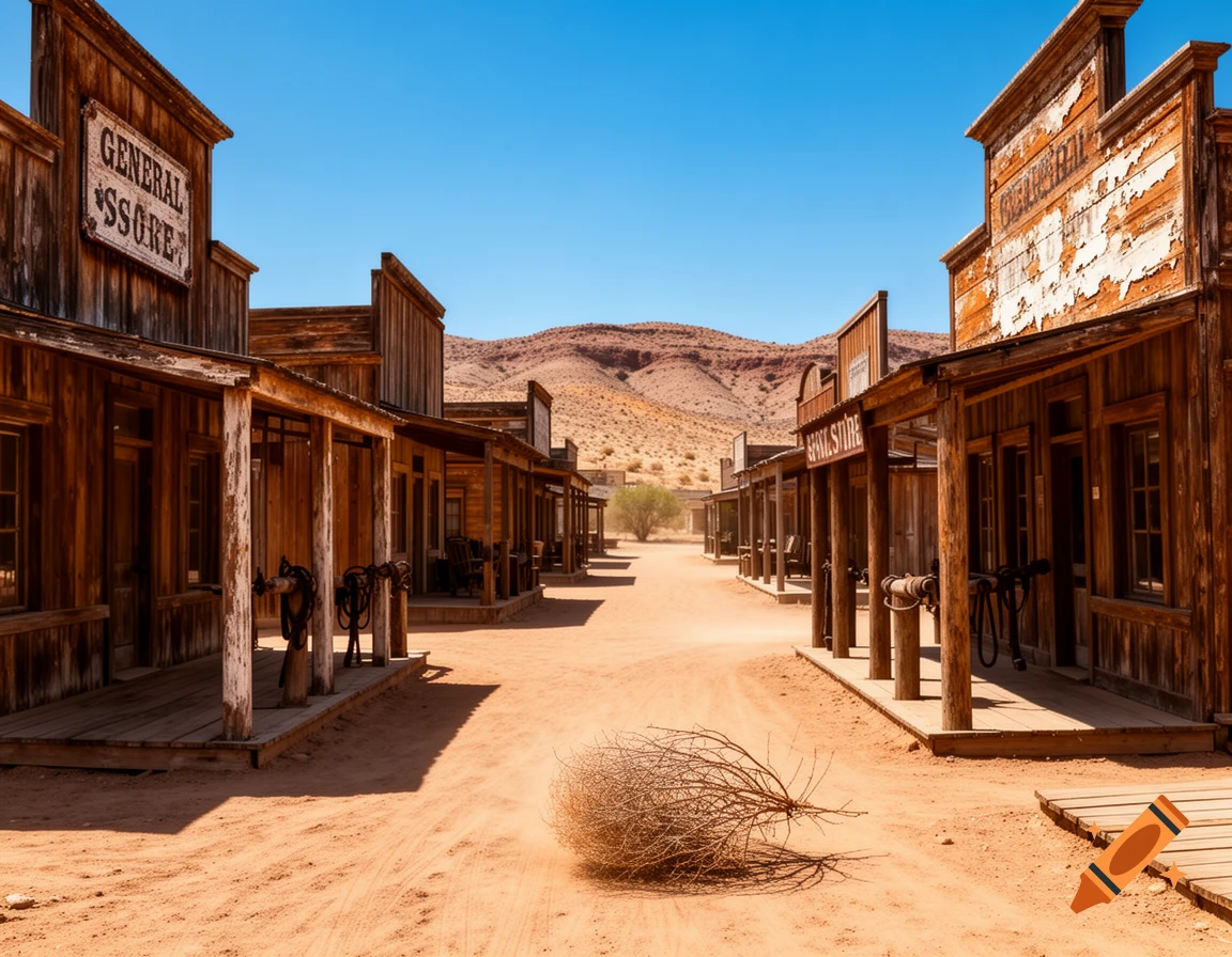 A hyperrealistic photograph of a dusty Wild West town street with wooden buildings under a clear blue sky, with a tumbleweed in the foreground.