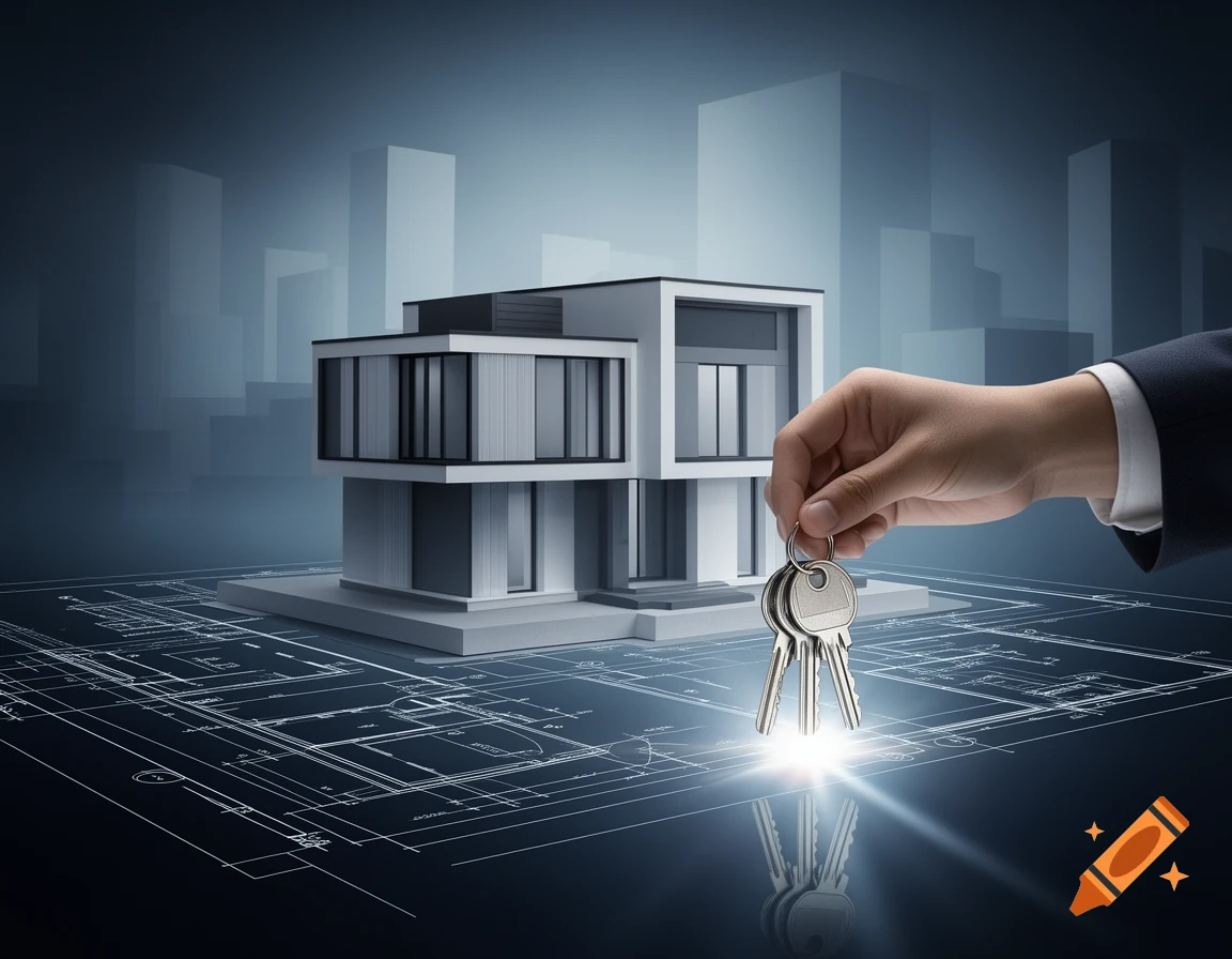 A hand holds shiny keys over a modern house model sitting on architectural blueprints, with a city skyline backdrop.