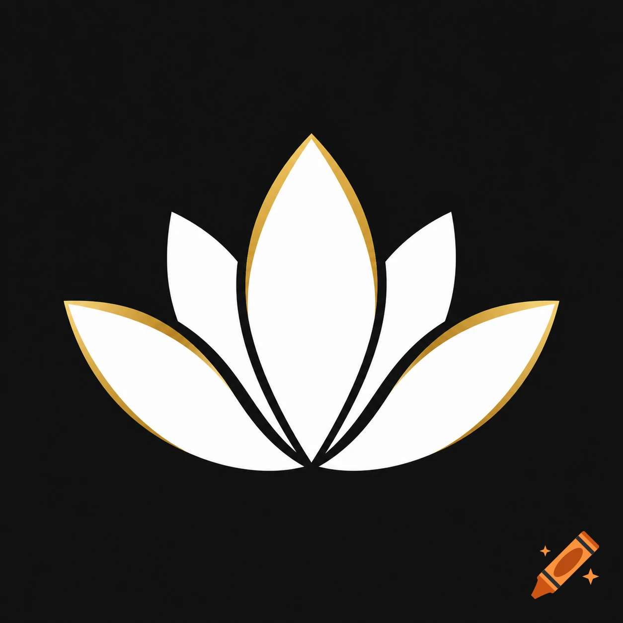 A minimalist white lotus flower icon with gold accents on a black background.