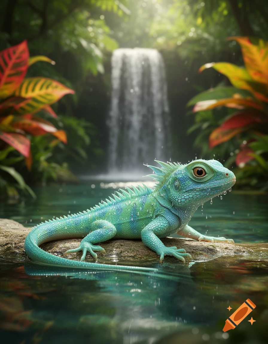 A vibrant blue-green baby water dragon rests on a log in clear water with a lush jungle and waterfall in the background.