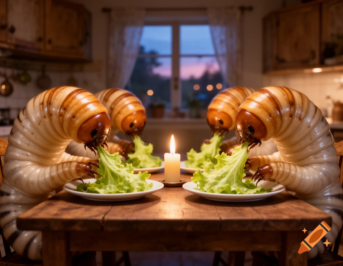 Four giant, segmented grubs with brown heads and creamy bodies sit at a wooden table, eating lettuce by candlelight in a cozy kitchen.