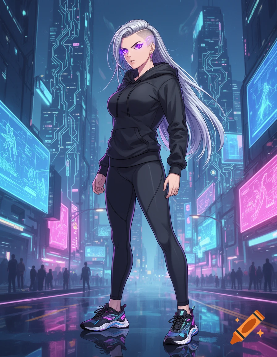 A cyberpunk anime woman with silver side-shave hair and purple eyes stands in a neon-lit futuristic city at night.