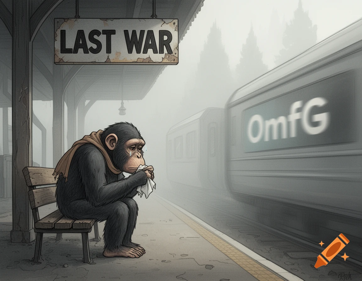 A crying chimpanzee sits on a bench at a misty train station as an "OmfG" train departs. A sign reads "LAST WAR". Illustrated drawing.