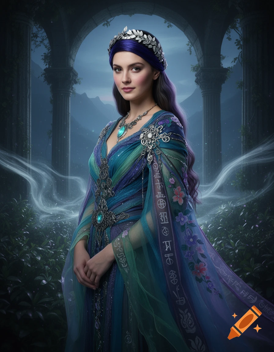 A regal woman with dark purple hair and a silver leaf crown wears an opulent blue and green fantasy gown with rune-like patterns, standing in ancient ruins with glowing mist.