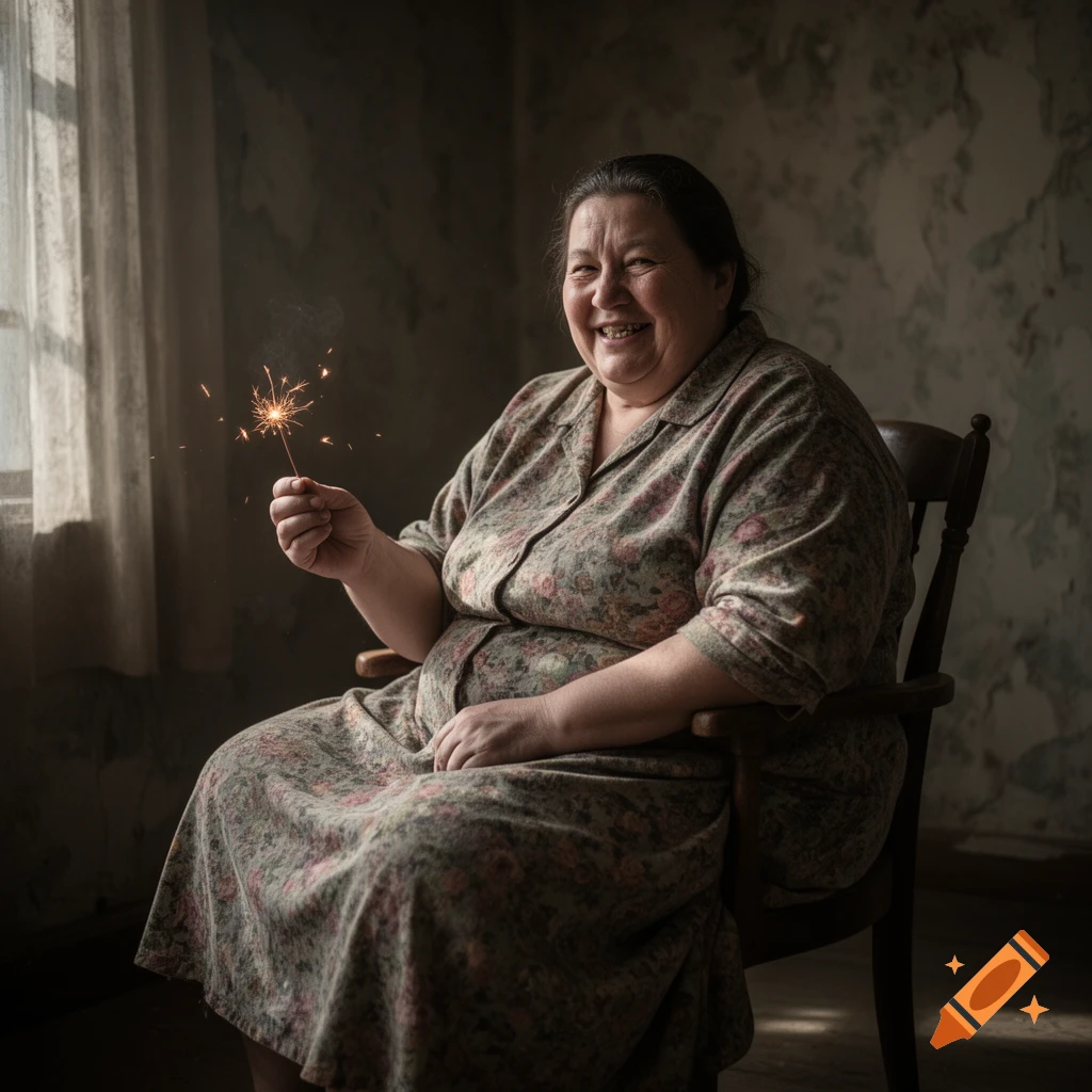 A smiling older woman sits in a chair indoors, holding a lit sparkler.