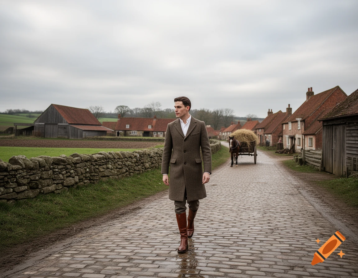 A man in a brown coat and boots walks on a cobblestone road through a rustic village under an overcast sky.