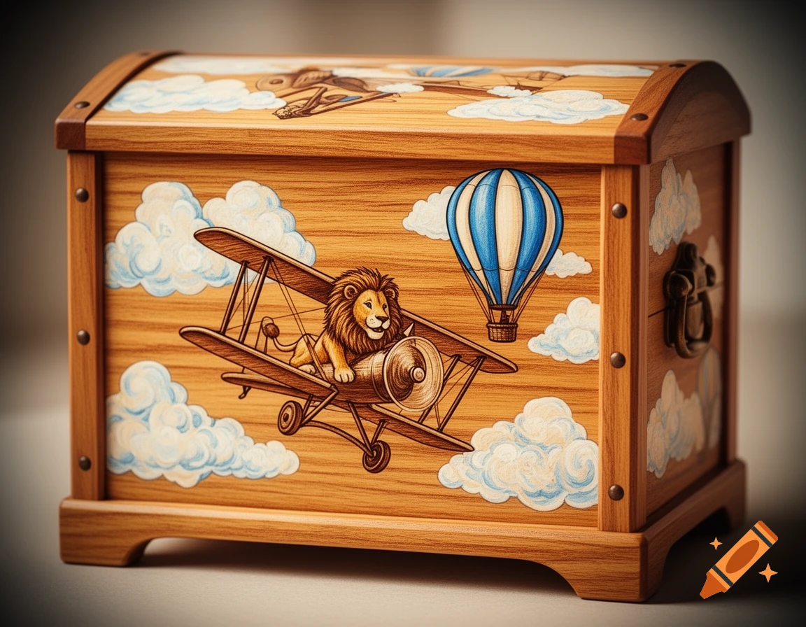 A wooden toy chest with a colorful illustration of a lion piloting a biplane next to a blue hot air balloon and white clouds.