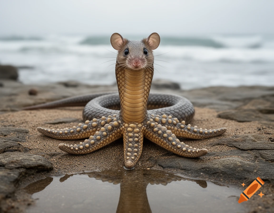 A hybrid creature with a mouse head, a cobra body, and starfish legs stands on a rocky beach with the ocean in the background.