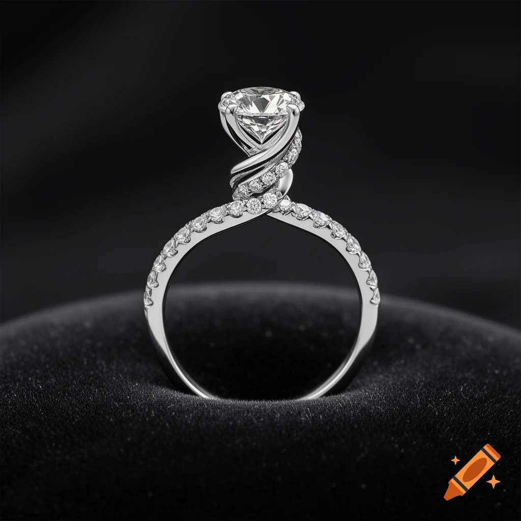 Close-up photorealistic shot of a sparkling silver diamond engagement ring with a twisted pav band.