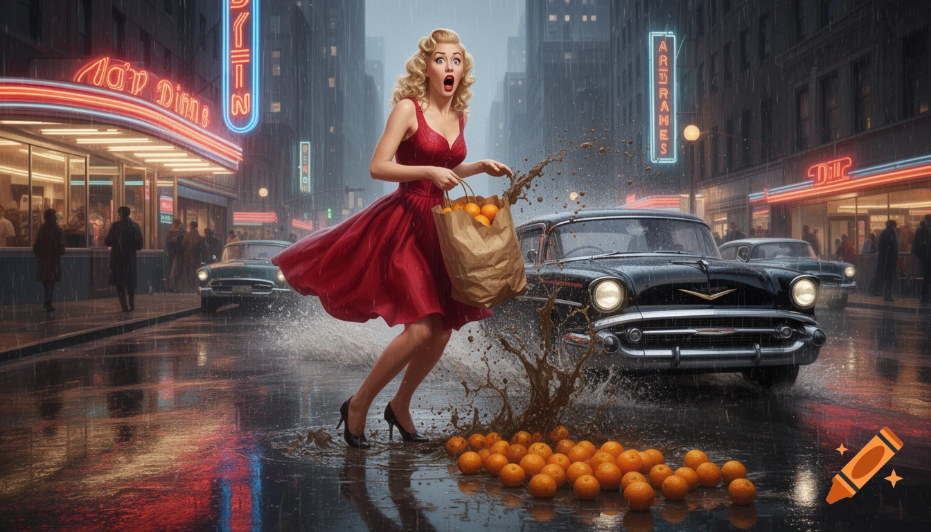 A wide-eyed pinup woman in a red dress reacting to a vintage car splashing muddy water on her, spilling oranges from her bag on a rainy 1950s city street.