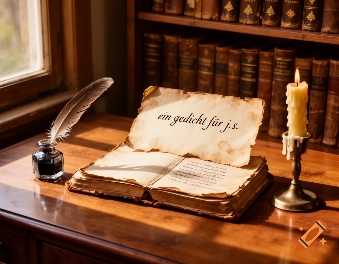 A photorealistic still life with an open old book displaying text, a quill in an inkwell, and a lit candle on a wooden desk. Bookshelves are in the background.