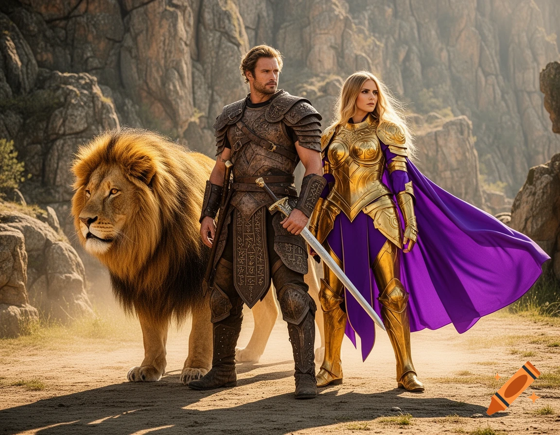 A male warrior in dark armor stands with a lion and a female warrior in golden armor with a purple cape against a rocky background.