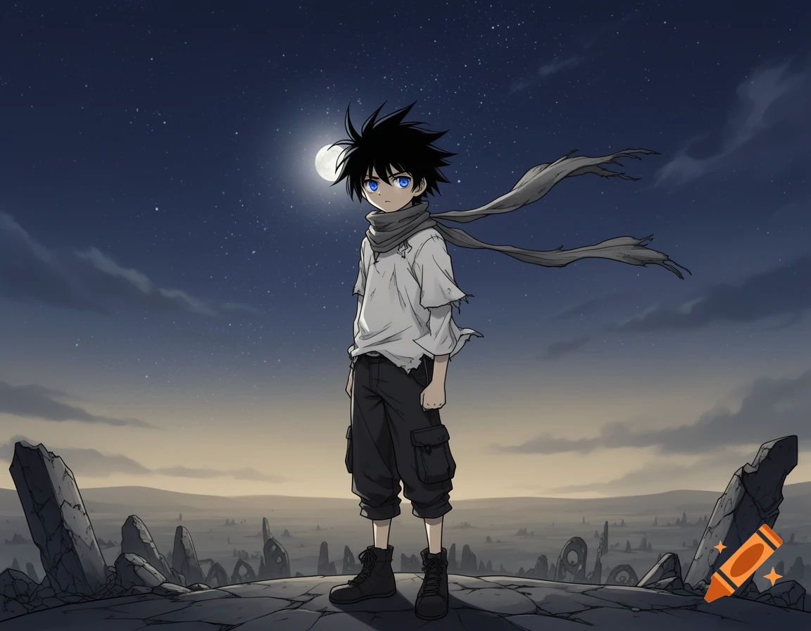 An anime boy with spiky black hair, blue eyes, and a white shirt stands on a rocky plain under a full moon, his scarf blowing.