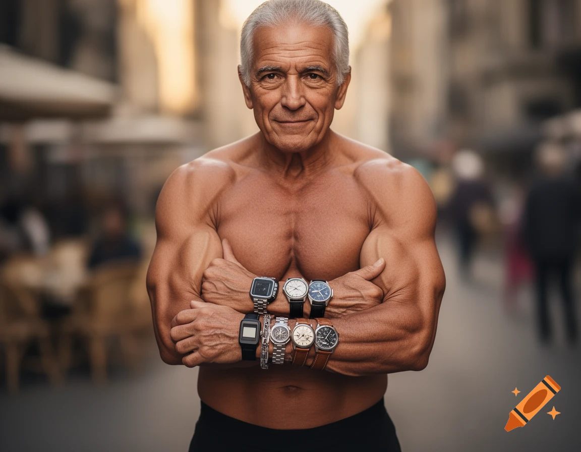 A smiling, muscular older man stands shirtless with arms crossed, his forearms covered in numerous watches, outdoors.