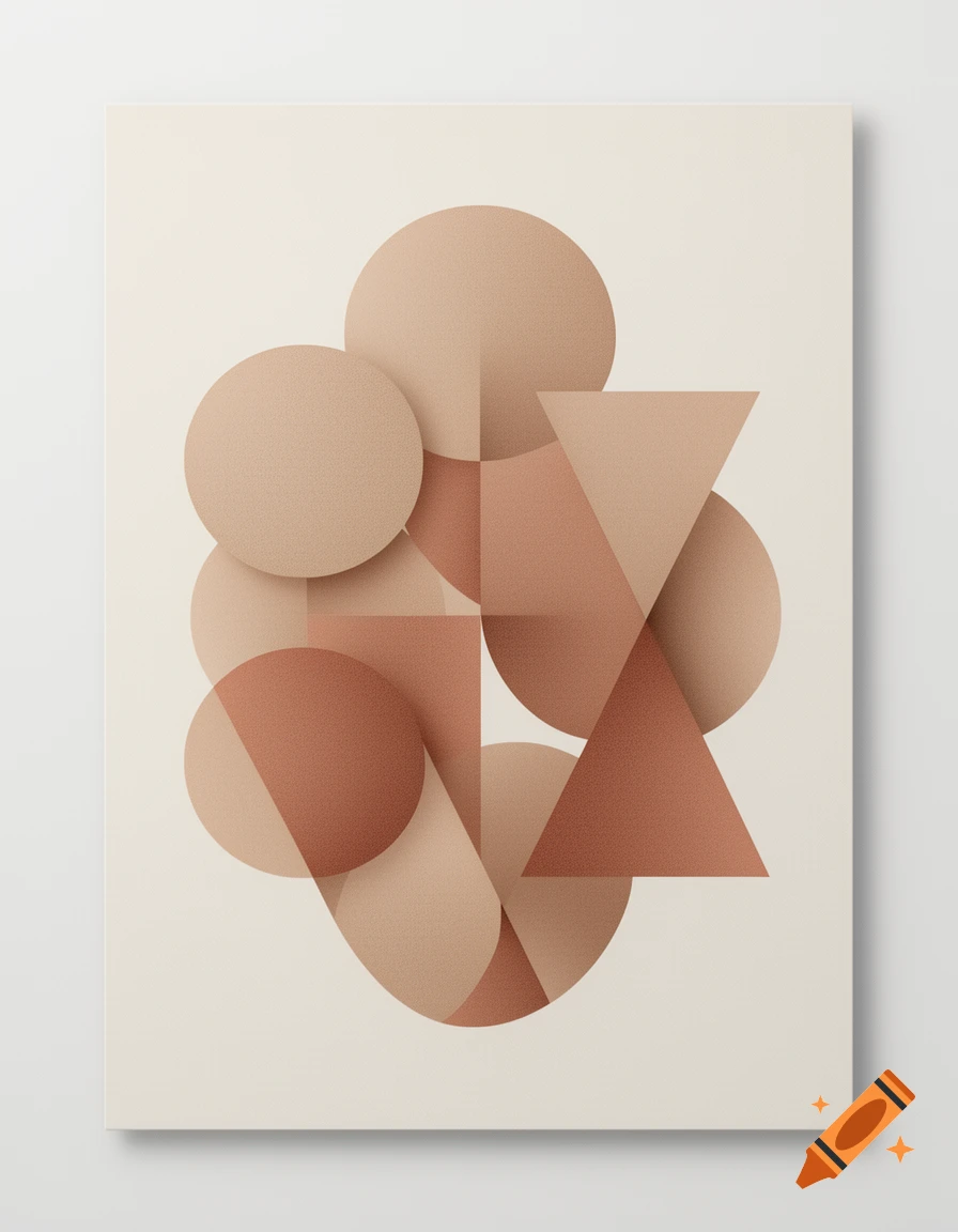 Abstract art featuring an arrangement of overlapping circles and triangles in beige and terracotta tones on a light background.