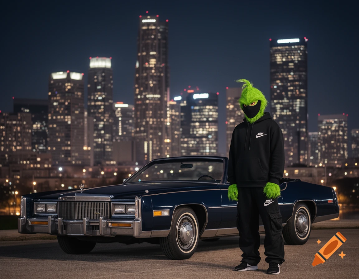 A Grinch-like figure in Nike streetwear stands by a dark blue Cadillac convertible at night, with a city skyline in the background, photorealistic.