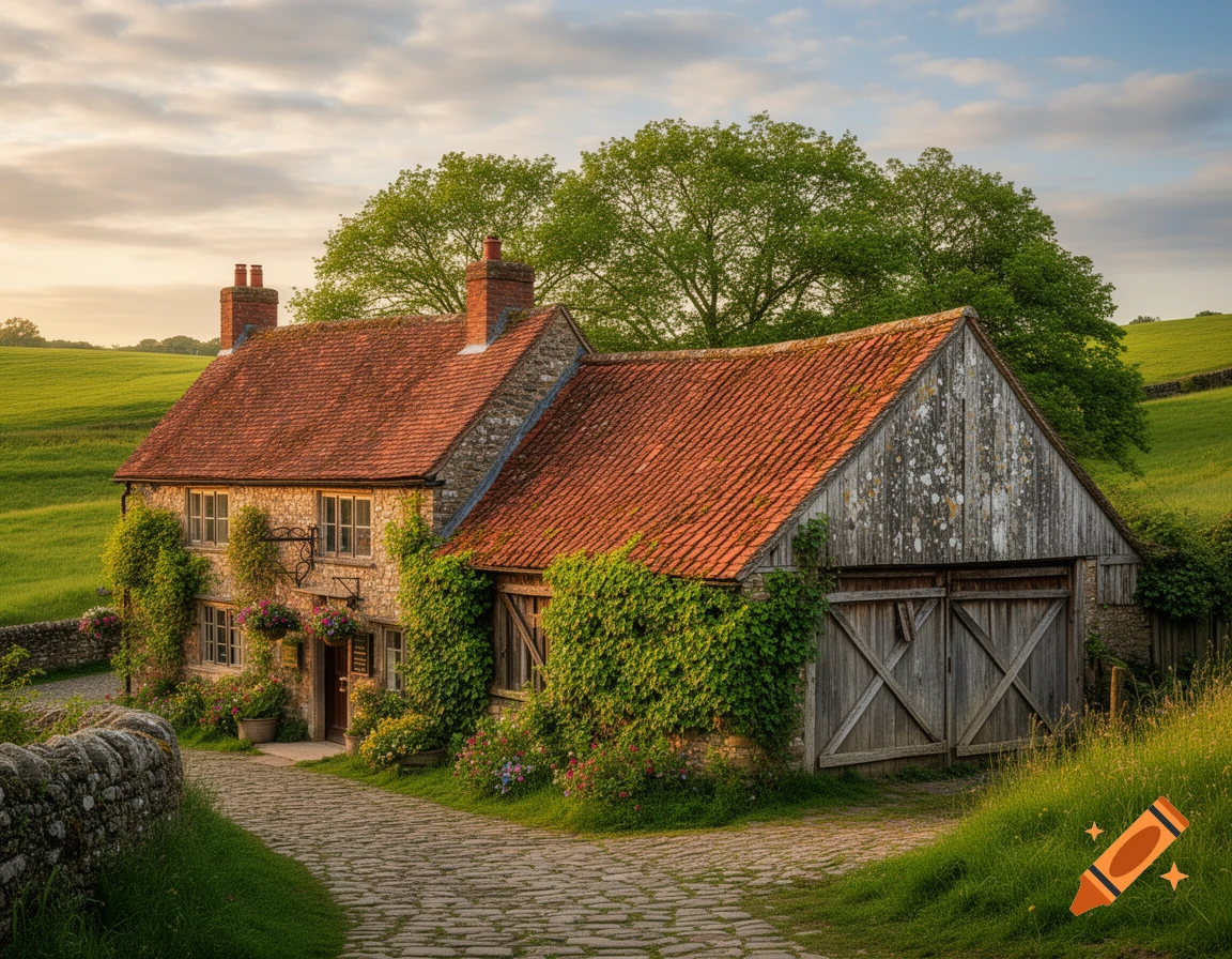 A charming stone country house with a red roof and ivy, connected to a wooden barn, along a cobbled path in green fields at sunset.