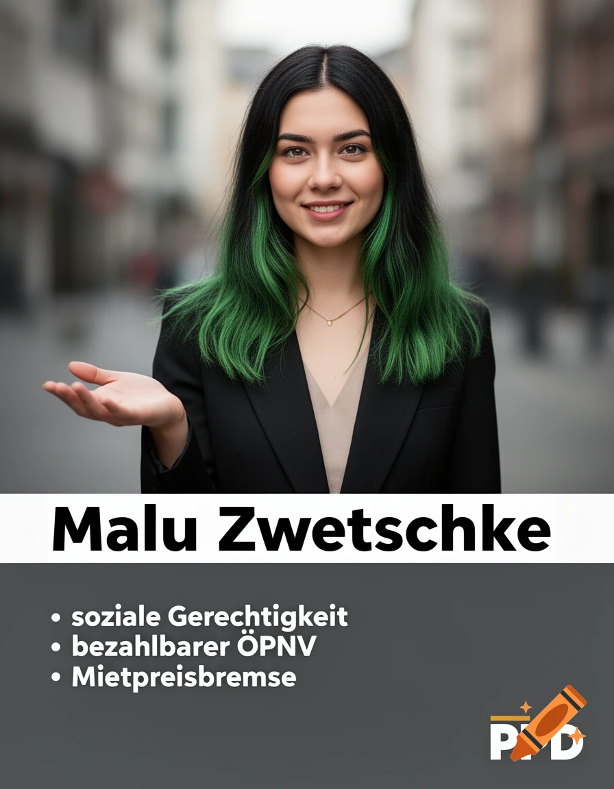 A smiling woman with black and green hair in a business jacket, gesturing with an open hand on a political campaign poster.