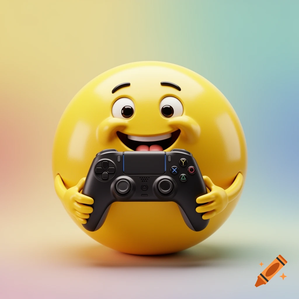 A happy yellow emoji character with a wide smile and tongue sticking out holds a black video game controller.