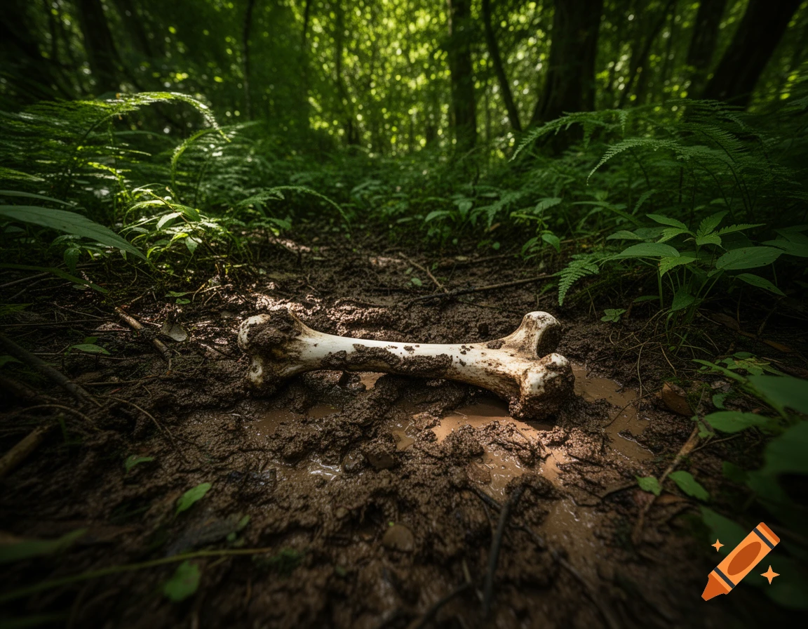 Photorealistic close-up of a white bone partially buried in mud on a forest floor, surrounded by green foliage.