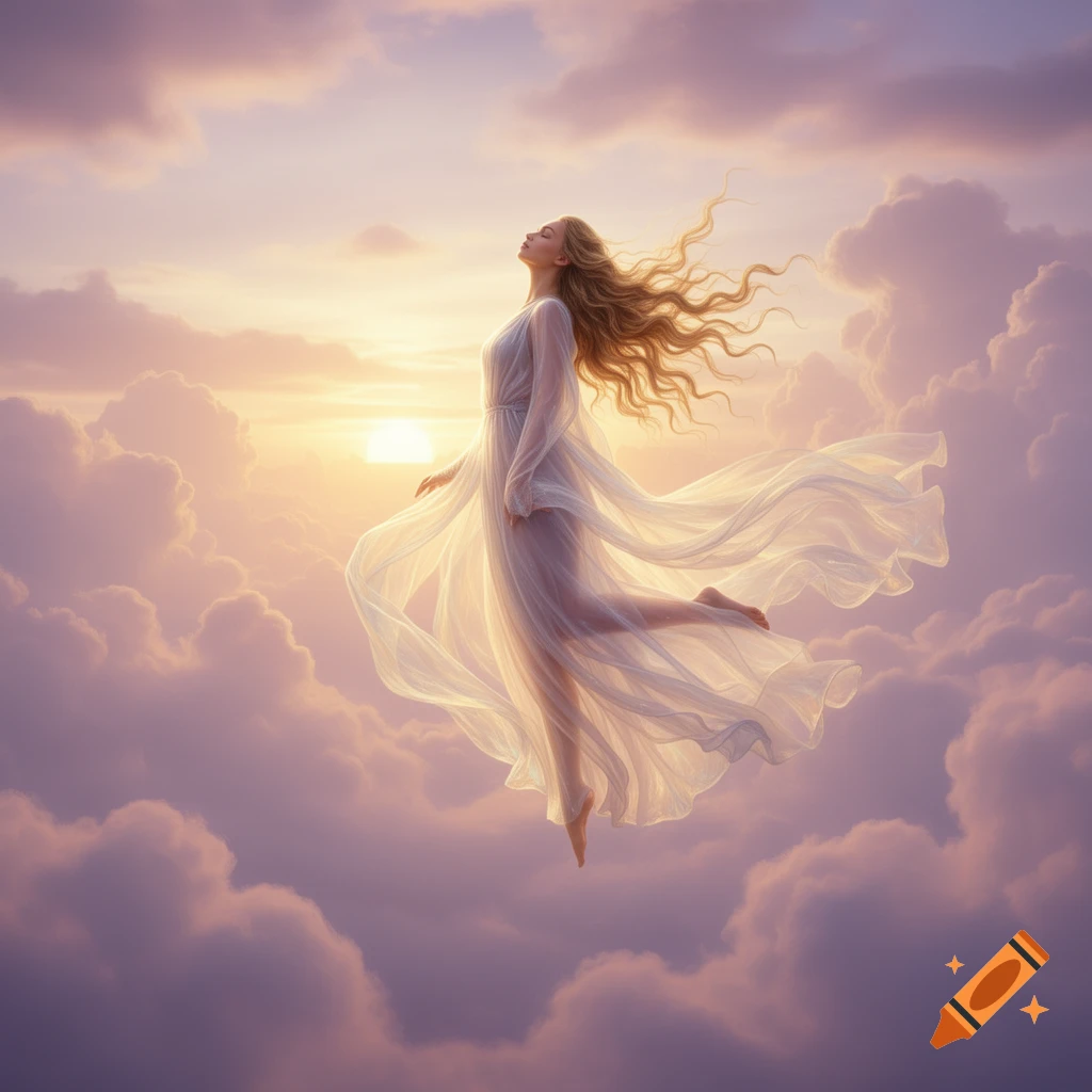 A beautiful goddess with long flowing hair and a sheer white gown floats gracefully amidst soft pink and purple clouds during a golden sunset, ethereal and serene.