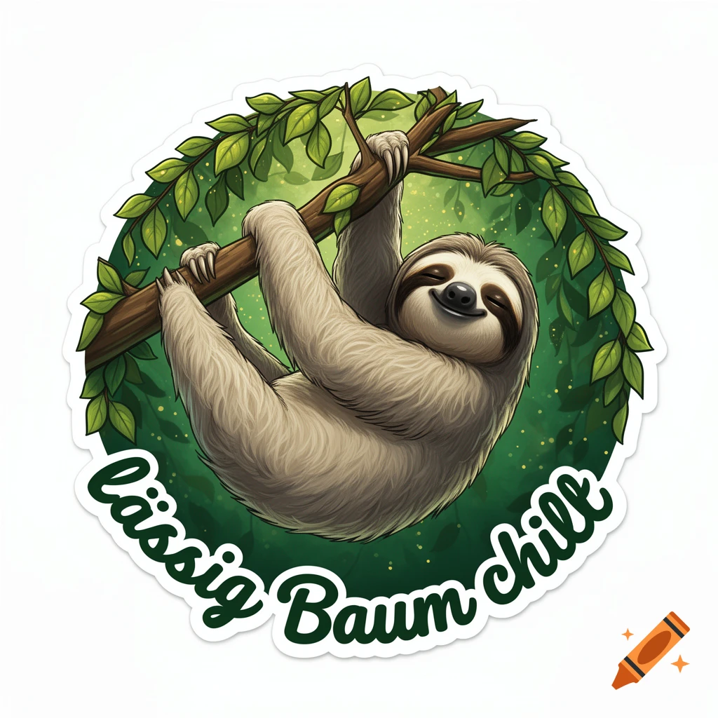 A happy cartoon sloth hangs upside down from a tree branch, with green leaves and a dark green background. Text reads "Lässig Baum chill".