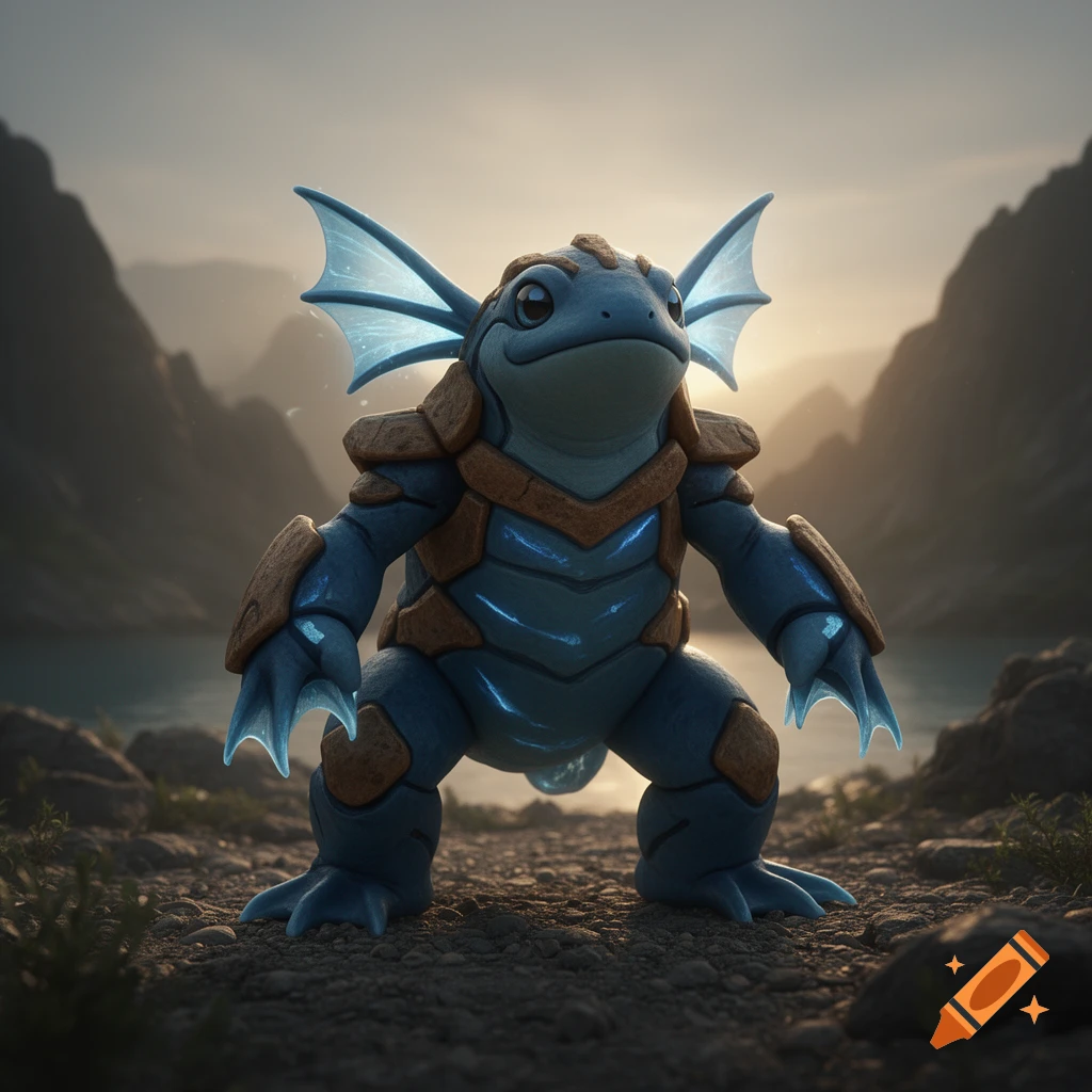 A blue, armored, frog-like Pokémon fusion with glowing fins stands on rocky ground with mountains and water in the background at sunset.