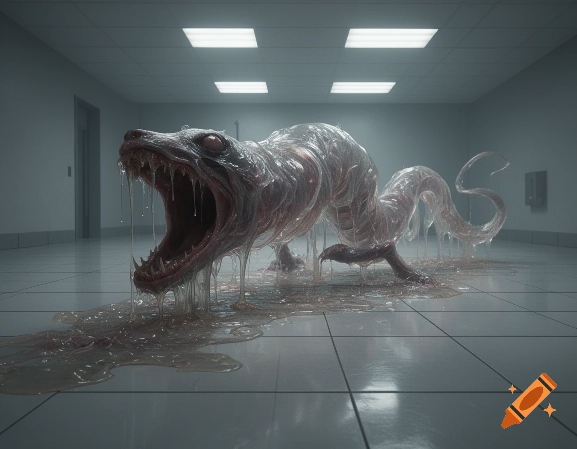 A grotesque, slimy creature with a gaping mouth and sharp teeth, dripping ooze onto a tiled floor in a sterile hallway.