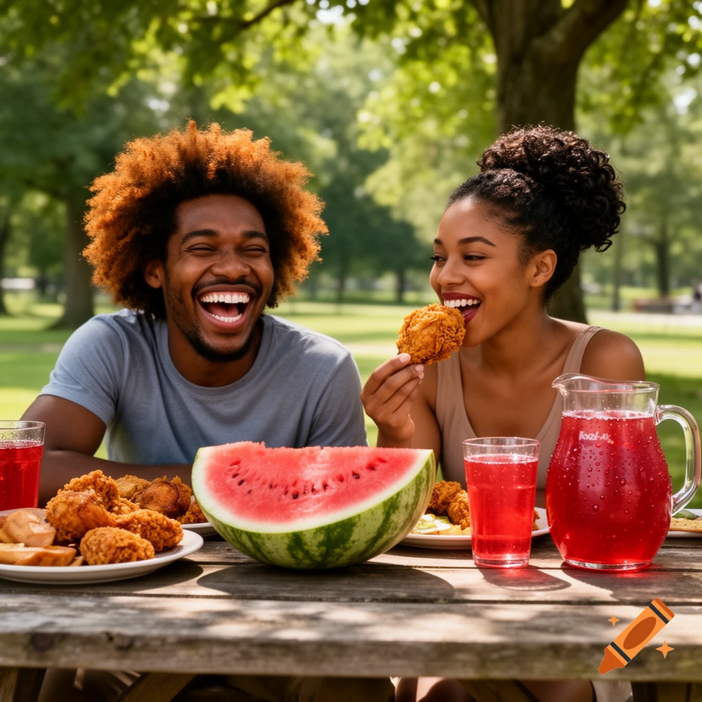 A man laughs while a woman eats fried chicken at a picnic table with watermelon and red drinks in a park.