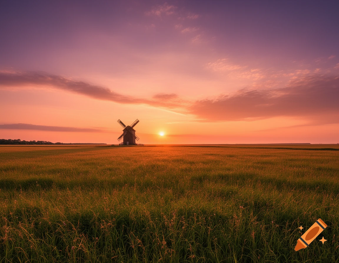 A photorealistic landscape of a wooden windmill in a vast green field under a vibrant orange and purple sunset sky.