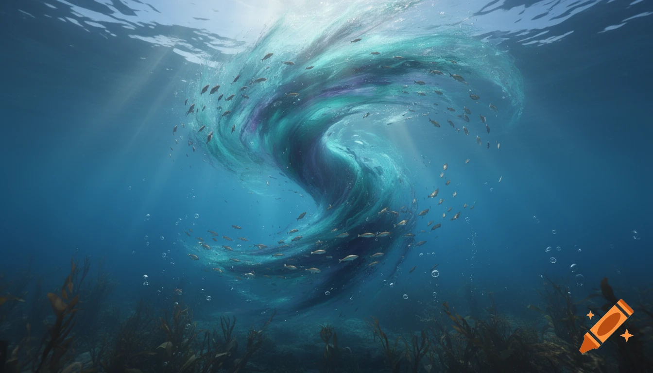 Photorealistic underwater vortex of blue and purple water, schools of fish, sunlight, and kelp on the seafloor.